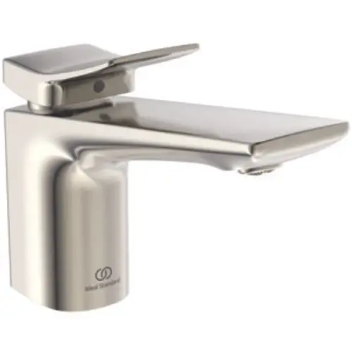 Wascharmatur aus Edelstahl mit länglicher Bedienoberfläche und Hebel, angebracht auf einem stabilen Sockel. Produkt von Ideal Standard.